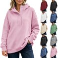 thumbnail image 1 of Women Snap Button Quarter Zip Hoodie Sevevn Stand Collar Drop Shoulder Long Sleeve Loose Fit Oversized Solid Casual Pullover Sweatshirt, 1 of 9