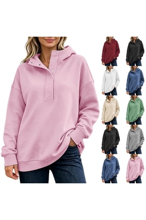 Women Snap Button Quarter Zip Hoodie Sevevn Stand Collar Drop Shoulder Long Sleeve Loose Fit Oversized Solid Casual Pullover Sweatshirt