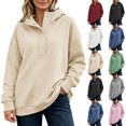 thumbnail image 1 of Women Snap Button Quarter Zip Hoodie Sevevn Stand Collar Drop Shoulder Long Sleeve Loose Fit Oversized Solid Casual Pullover Sweatshirt, 1 of 9
