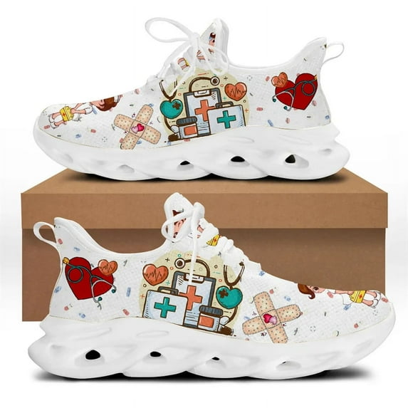 Women Sneakers White Nursing Shoes Cute Cartoon Nurse Doctor Medical Custom Light Lace-up Footwear Outdoor Sports Running Shoes