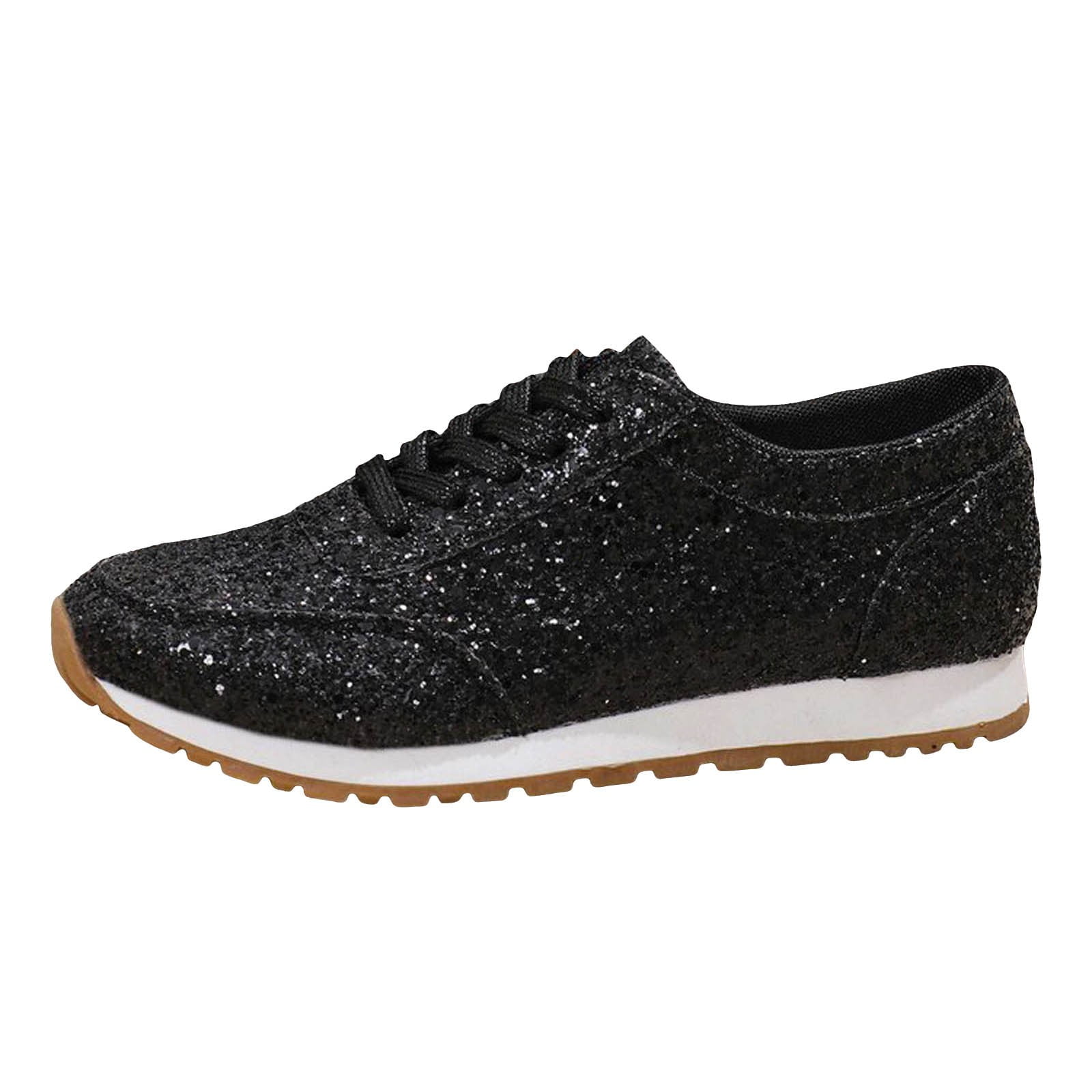 Women Sneakers Women's Fashion Sequins Casual Lace Up Sport Shoes Sneakers Glitter Breathable Bling Ladies Running Shoes Female Womens Sneakers Shoes(Black,8)