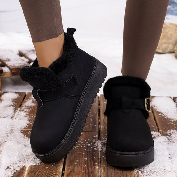 Women Snow Boots Round Toe Buckle Strap Thick Soled Fleece Lined Warm Boots Comfort Flock shoes for Fall Winter Casual Outdoor Daily Wear