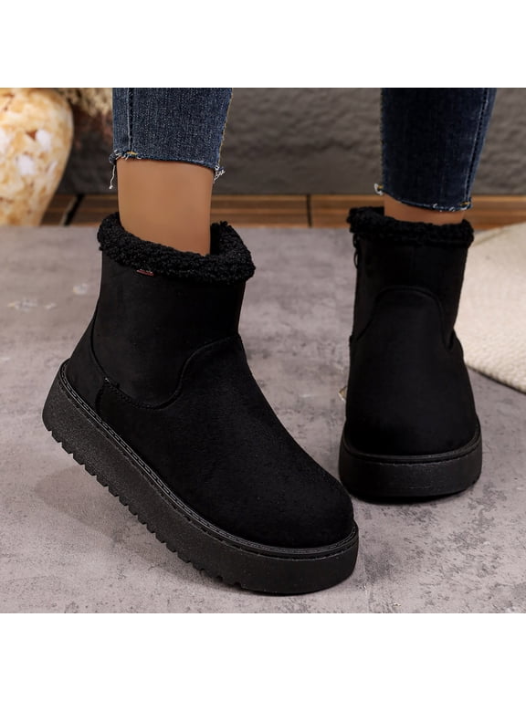 Women Snow Boots Round Toe Side Zip Fleece Lined Warm Boots Comfort Flock Thick Soled Shoes for Fall Winter Casual Outdoor Daily Wear