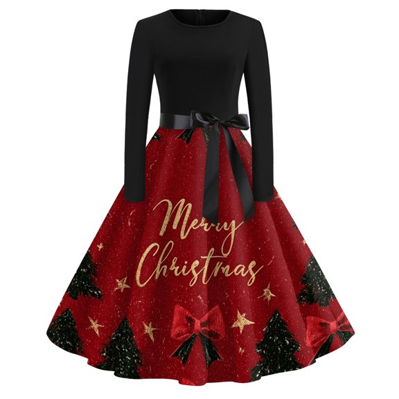 Women Snowflake Christmas Printed Vintage Dress Long Sleeve Round Neck Flowy A Line Swing Dress