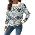 thumbnail image 1 of Women Snowflake Pattern Sweater Contrast Trim Crew Neck Long Sleeve Knit Tops Casual Loose Fit Pullover Sweaters Blue L, 1 of 10