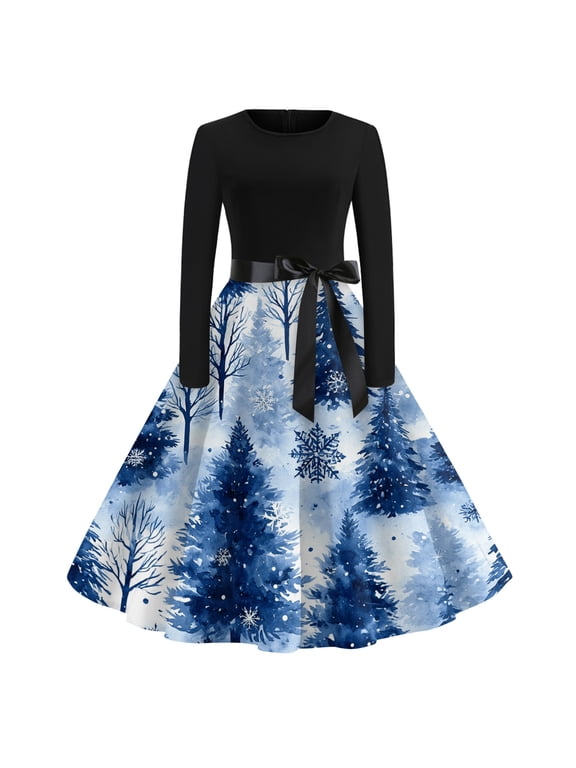 Women Snowman Reindeer Christmas Print Dress Long Sleeve Round Neck High Waist Swing Dress