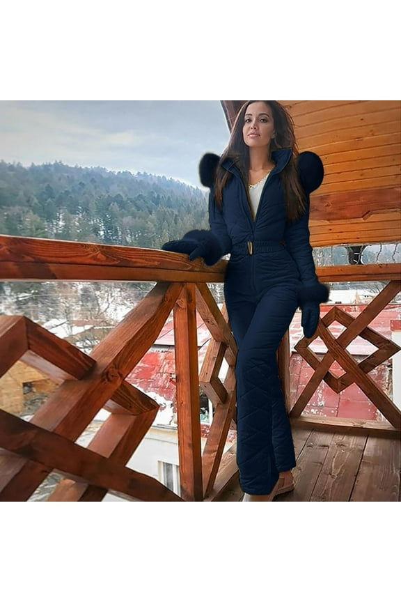 Women Snowsuit One Piece Ski Snow Suits Fuzzy Hooded Waterproof Windproof Jumpsuit Outdoor Sports Warm Outfits with Gloves Blue XXL