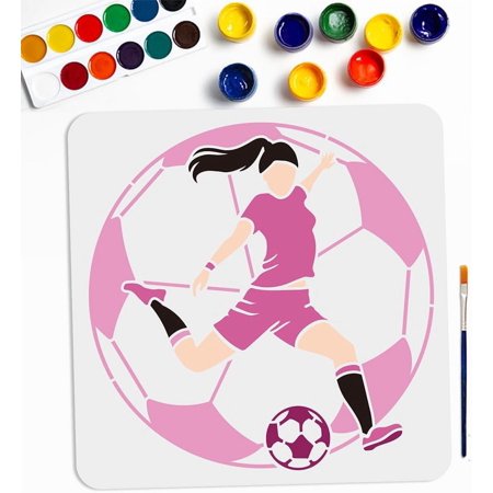 Women Soccer Ball Stencils 11.8×11.8inch Large Female Soccer Player Stencil with Paint Brush Sports Ball Women Athlete Drawing Template for Wood Canvas Furniture Craft Decor diy