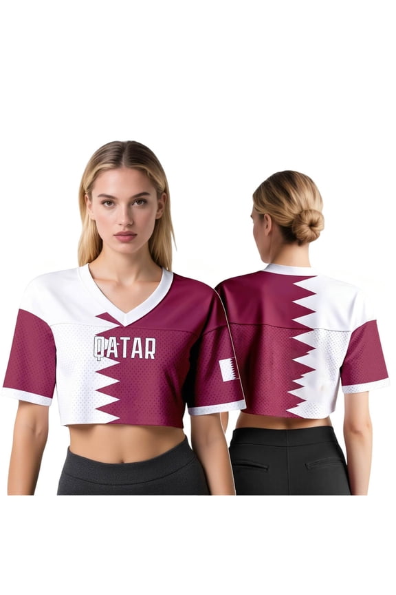 Women Soccer Fans T Shirts Qatar Cropped V Neck Short Sleeve Fashion Cute Tee Top Casual Summer Tee Tops L