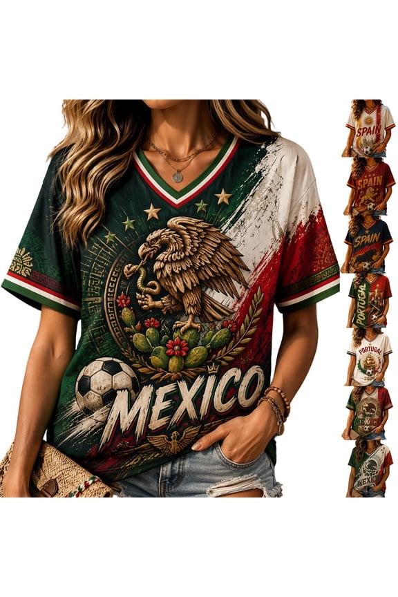 Women Soccer Jersey Shirts 2026 National Team Short Sleeve V Neck Shirt World Soccer Fan Blouse MEXICO Soccer Graphic Streetwear Top Dark Green M