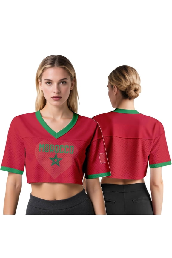 Women Soccer Shirts Football Morocco Cropped V Neck Short Sleeve Fashion Crop Top Summer Tee Shirt Youthful Cute Casual Shirts XS