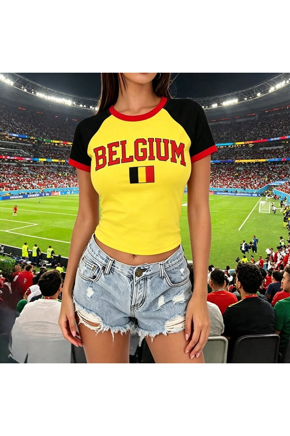 Women Soccer T-Shirt Jersey Tops Belgium Cropped Crewneck Short Sleeve Slim Fit Printed Tee Casual Top Dressy Blouses M