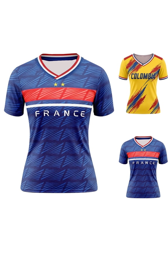 Women Soccer T-Shirt Raglan Top Football V Neck Colombia/France Tee Casual Short Sleeve Top Summer Graphic Tee Tops M