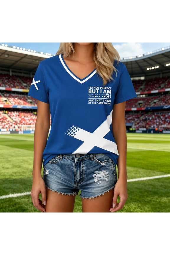 Women Soccer T-Shirt Raglan Top Football V Neck Scotland Jersey Ladies Graphic Tee Soft Short Sleeve Shirt Unique Theme Fit Print Casual Shirt Tops XXL