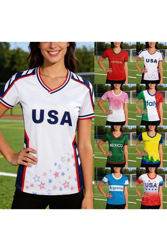 Women Soccer T-Shirt Raglan Top Football V Neck USA Mexico Graphic Short Sleeve T Shirt Athletic Germany Tee Top Fans Casual Shirt Tops M