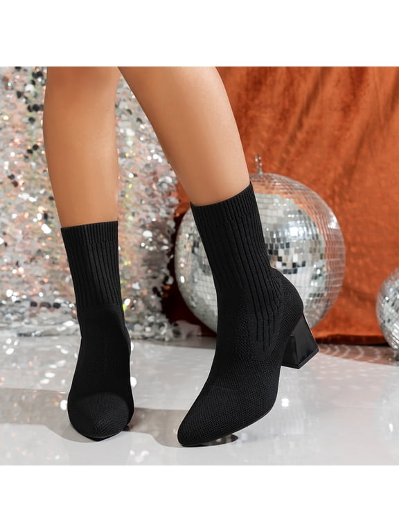 Women Sock Booties Fall Winter Stretch Knit Boot Slim Fit Sexy Mid Calf Shoe Pointed Toe Chunky Low Heel Shoes