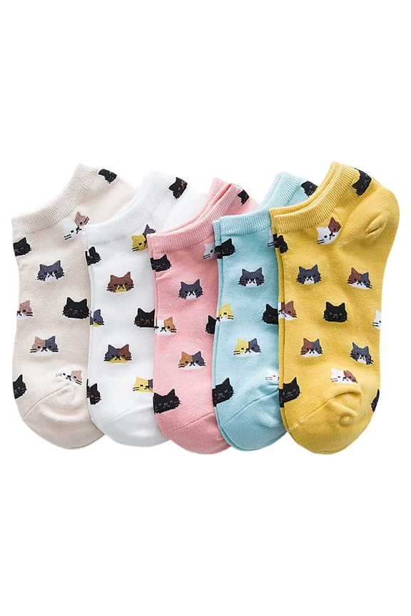 Women Socks 5 Pack Cute Cat Pattern Ankle Socks Breathable Soft Lightweight Low Cut Socks Casual Fun Socks for Women