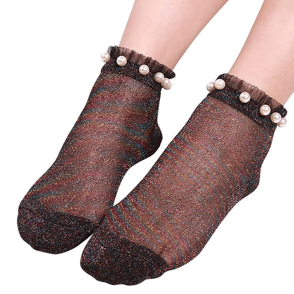 Women Socks Fashion Thin Elastic Net Transparent Mesh Stockings Ankle Socks Slouch Sock With Pearls Multicolor