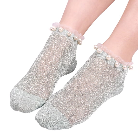 Women Socks Fashion Thin Elastic Net Transparent Mesh Stockings Ankle Socks Slouch Sock With Pearls Multicolor