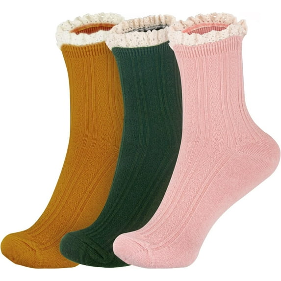 Women Socks Lace Ruffle Frilly Turn Cuff Casual Ankles Socks Vintage Lovely Double Needle Lady Socks 3Pairs ﻿