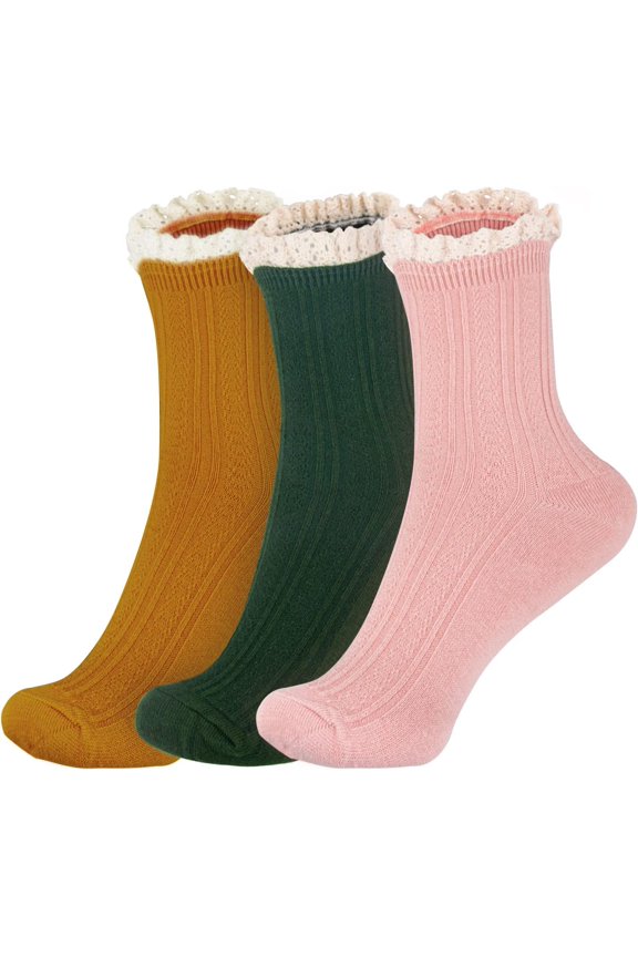 Women Socks Lace Ruffle Frilly Turn Cuff Casual Ankles Socks Vintage Lovely Double Needle Lady Socks 3Pairs 