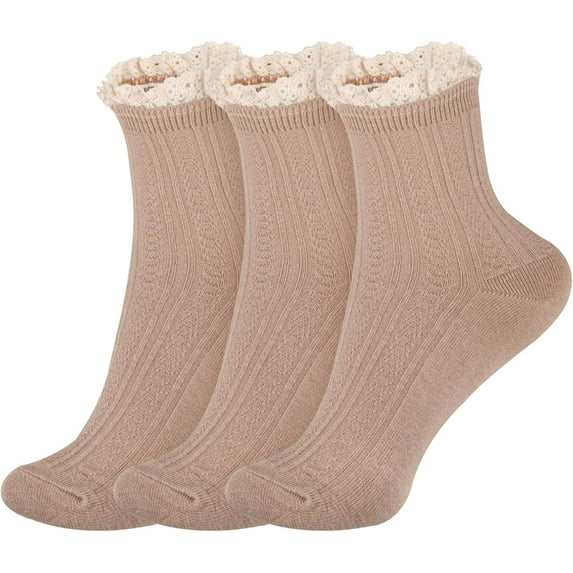 Women Socks Lace Ruffle Frilly Turn Cuff Casual Ankles Socks Vintage Lovely Double Needle Lady Socks 3Pairs ﻿