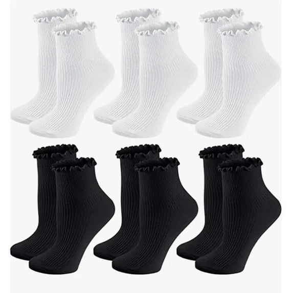 Women Socks Ruffled Design, Breathable Double Knit Cotton, Cute Ankle Socks, Super Soft Frilly Socks for Mary Jane Shoes, 6 Pack Pure Color, Size 5-9