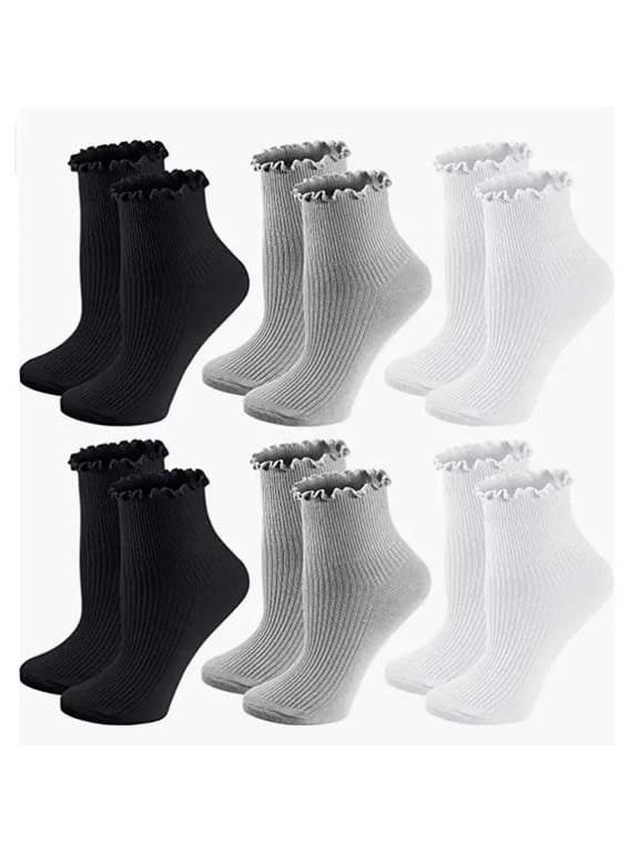 Women Socks Ruffled Design, Breathable Double Knit Cotton, Cute Ankle Socks, Super Soft Frilly Socks for Mary Jane Shoes, 6 Pack Pure Color, Size 5-9
