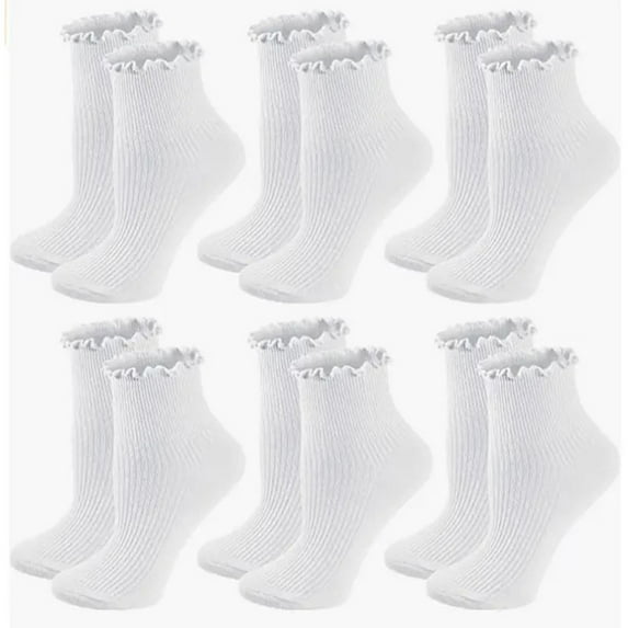 Women Socks Ruffled Design, Breathable Double Knit Cotton, Cute Ankle Socks, Super Soft Frilly Socks for Mary Jane Shoes, 6 Pack Pure Color, Size 5-9