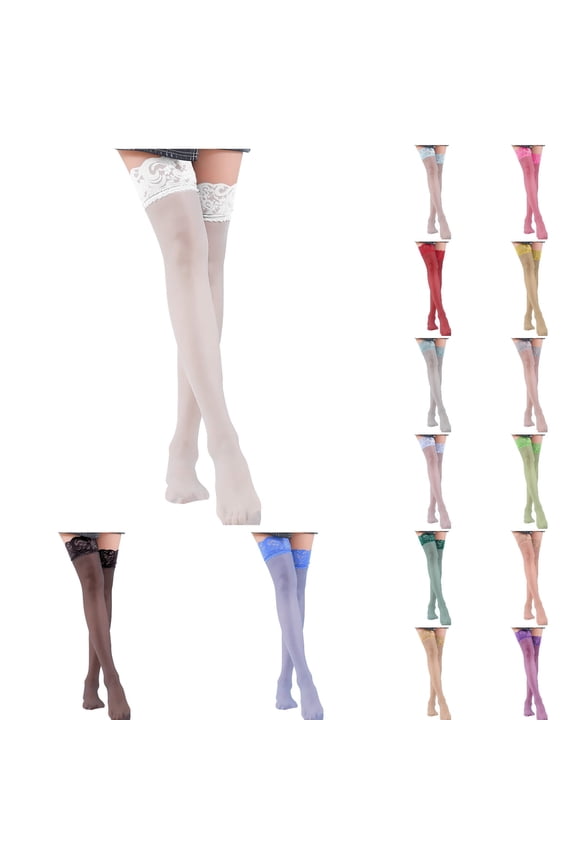 Women Socks Thigh High Stockings Antiskid Silicone Lace Stay Up Semi Sheer Pantyhose Cozy Socks