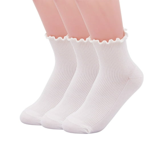 Women Socks, Women Ankle Socks, Lovely double needle solid color Lace edge relent lady socks, 3 Pairs-white