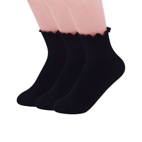 Women Socks, Women Ankle Socks, Lovely double needle solid color Lace edge relent lady socks, 3 Pairs-white