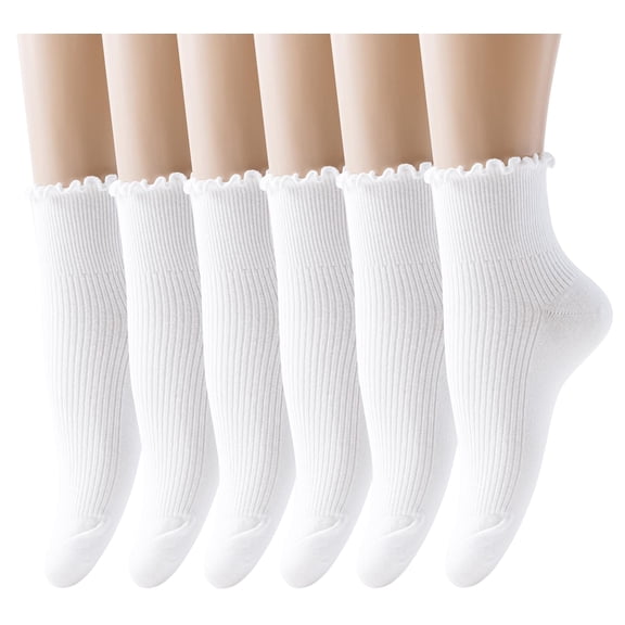 Women Socks, Women Ankle Socks, Lovely double needle solid color Lace edge relent lady socks, 3 Pairs-white