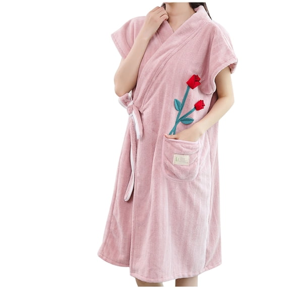 Women Soft Absorbent Fleece Bathrobe Cute Flower Print Short Sleeve Plush Robe Nightgown for Spa Bath Towel
