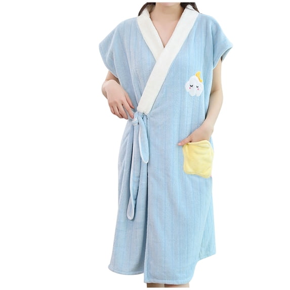 Women Soft Absorbent Fleece Bathrobe Cute Flower Print Short Sleeve Plush Robe Nightgown for Spa Bath Towel