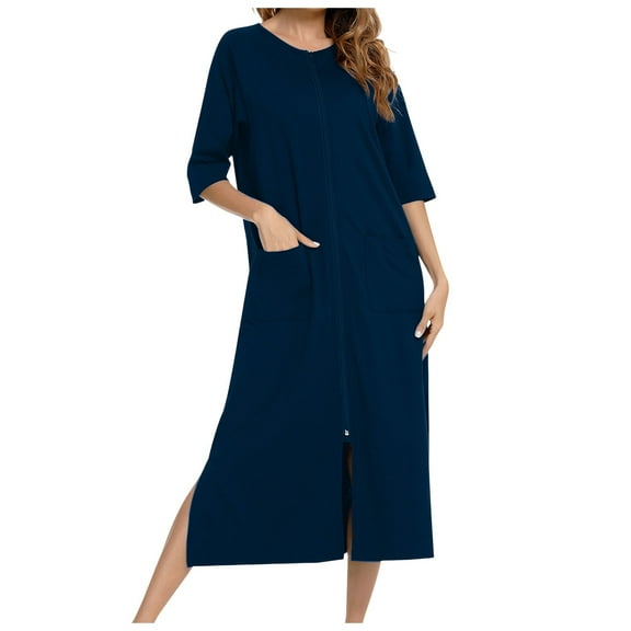 Women Soft Comfortable Nightgown Loose Fit Casual Sleepwear Long Robe Quarter Sleeve Pajamas Dress Home Wear