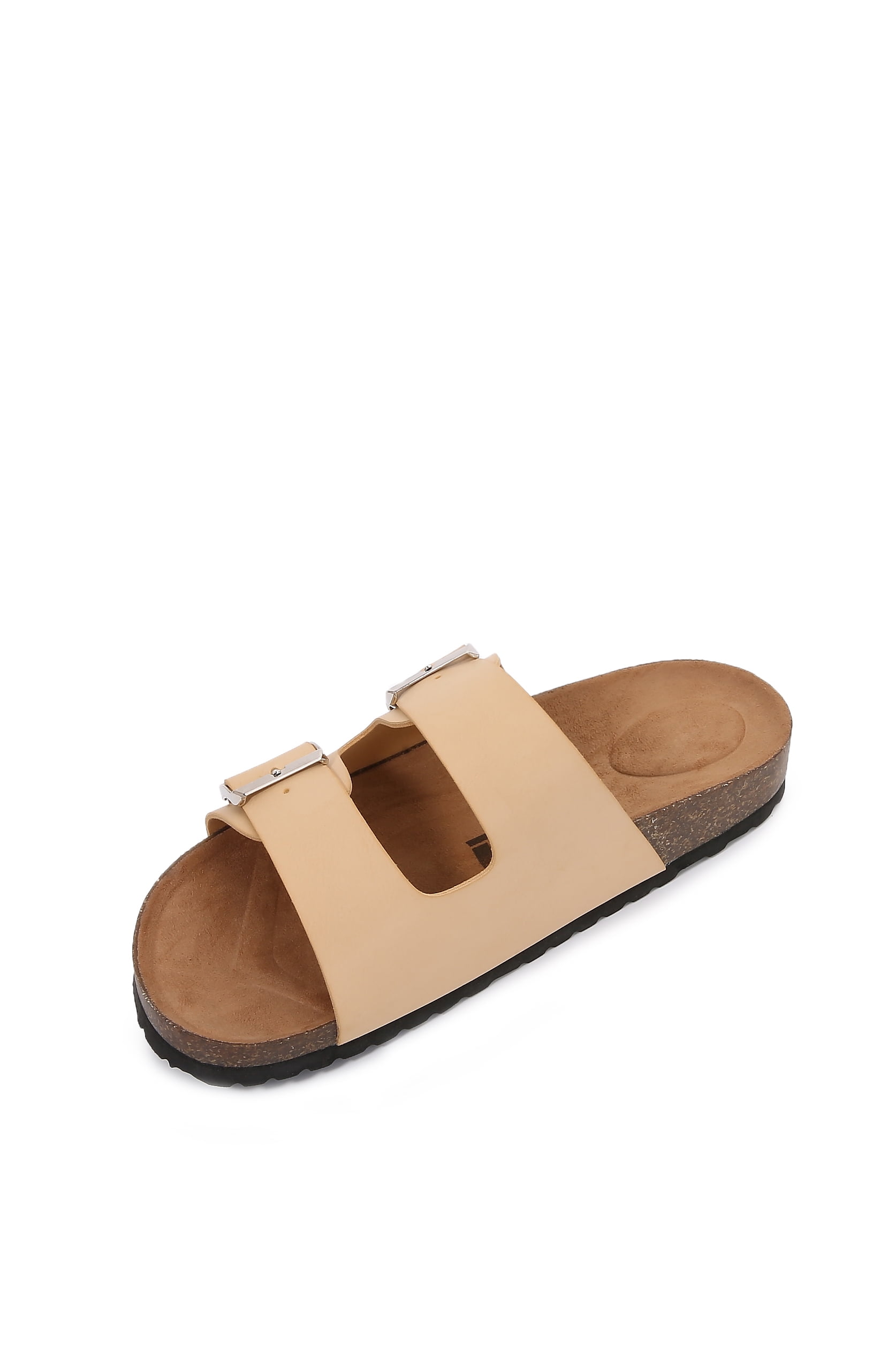 Women Soft Cork Cushioned Footbed PU Leather Double Strap Slider Sandal (PU  Apricot/ 6) 
