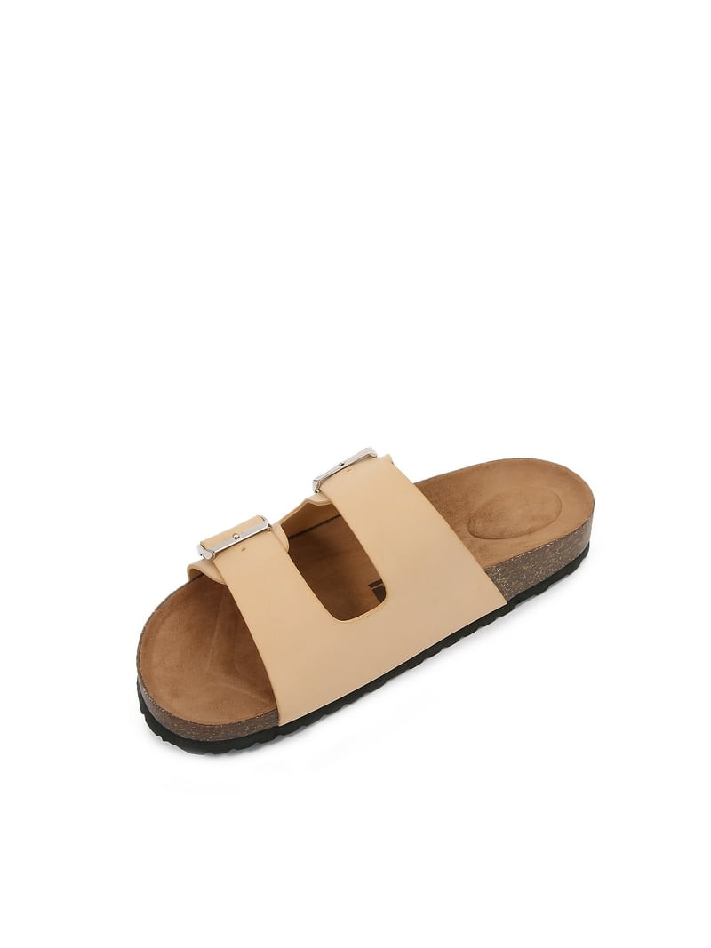 Women Soft Cork Cushioned Footbed PU Leather Double Strap Slider