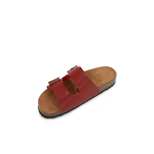 Women Soft Cork Cushioned Footbed PU Leather Double Strap Slider Sandal