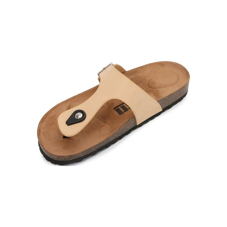 Women Soft Cork Footbed PU Leather Hook and Loop T Strap Flip