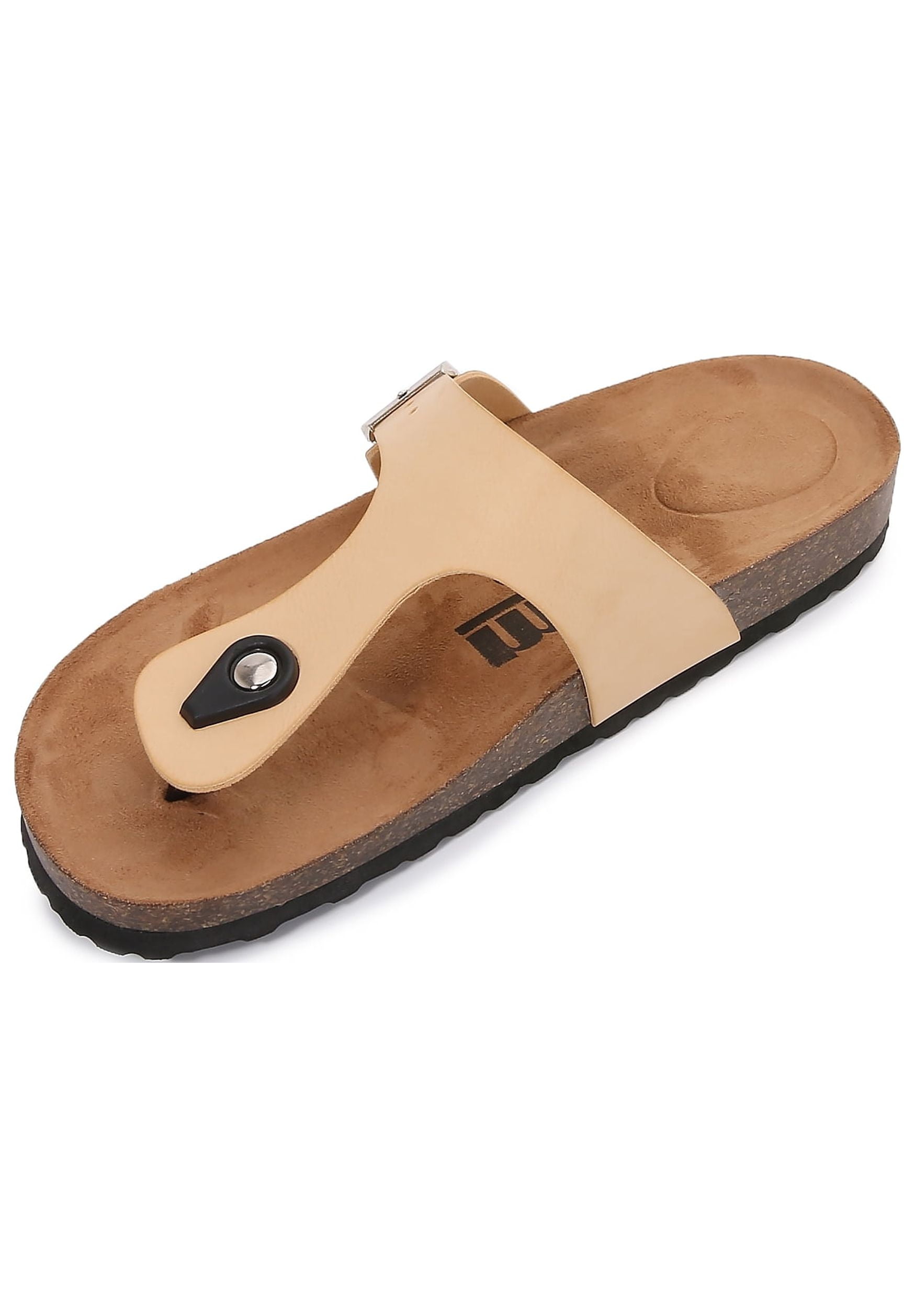 Women Soft Cork Footbed PU Leather Hook and Loop T Strap Flip Flops (PU Apricot / 8 )