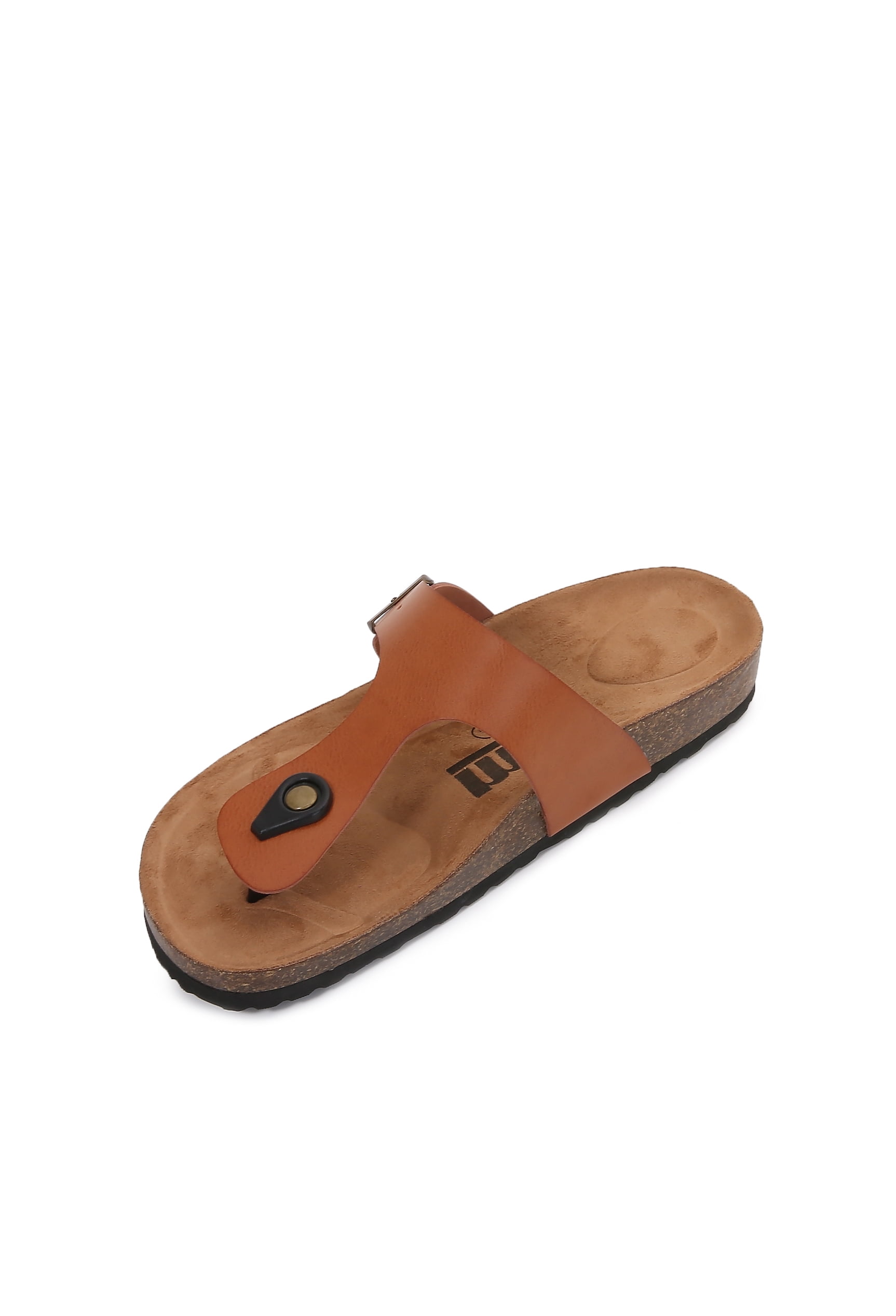 Women Soft Cork Footbed PU Leather Hook and Loop T Strap Flip Flops (PU  Brown / 6 ) 