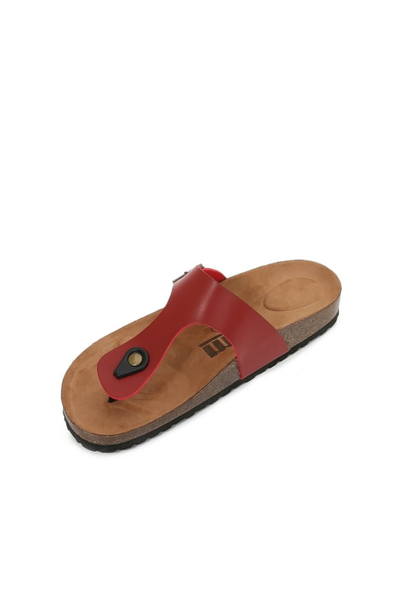 Women Soft Cork Footbed PU Leather Hook and Loop T Strap Flip Flops (PU Dark Red / 7 )