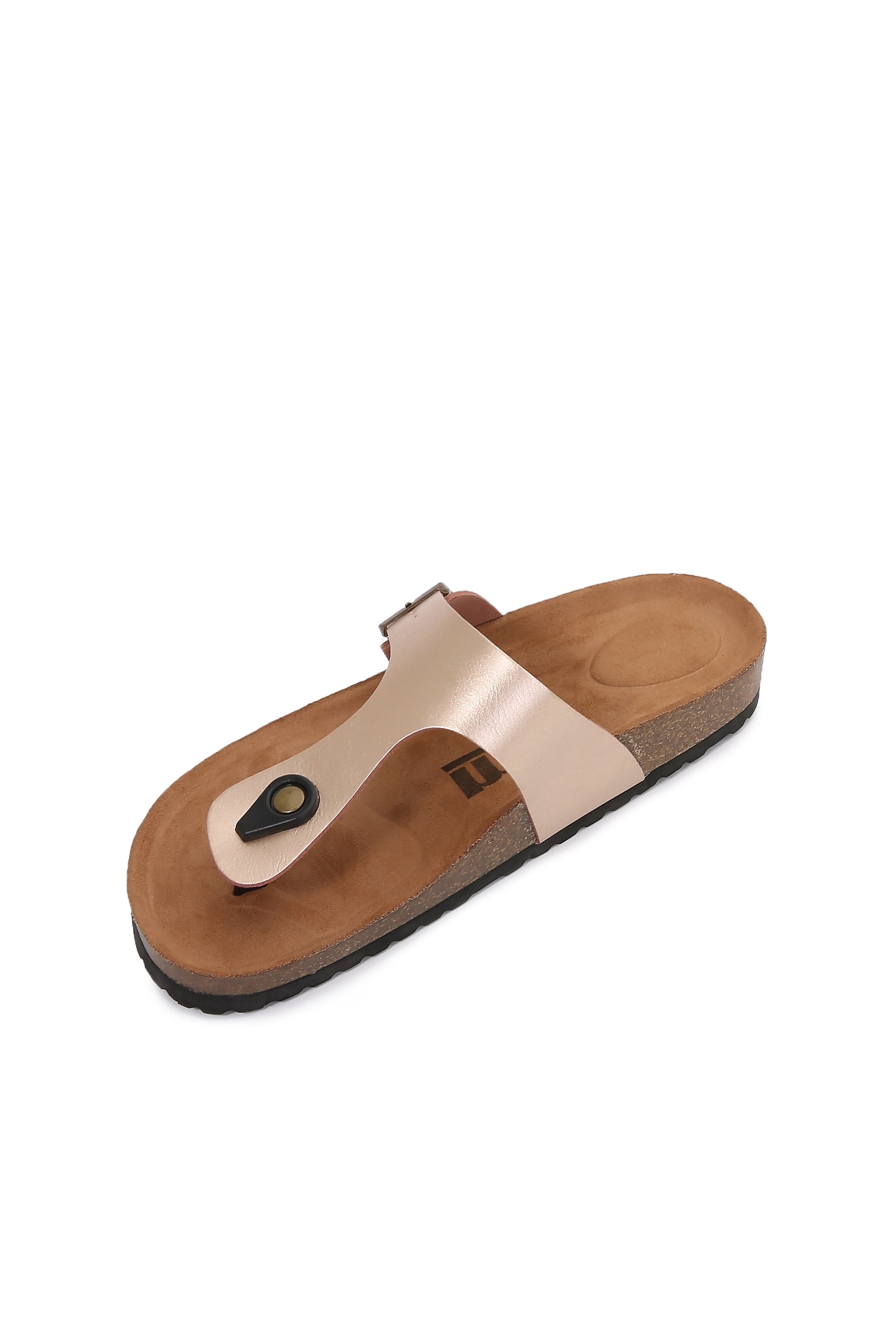 Women Soft Cork Footbed PU Leather Hook and Loop T Strap Flip Flops (PU Gold / 9 )