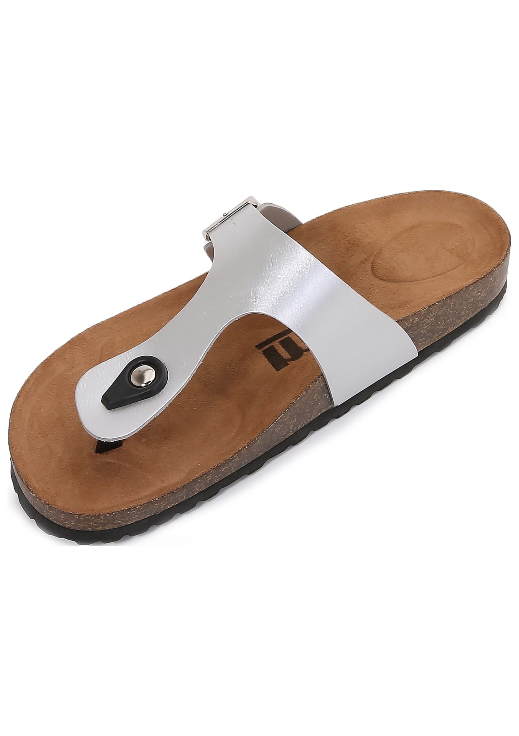 Women Soft Cork Footbed PU Leather Hook and Loop T Strap Flip Flops (PU Silver / 6 )