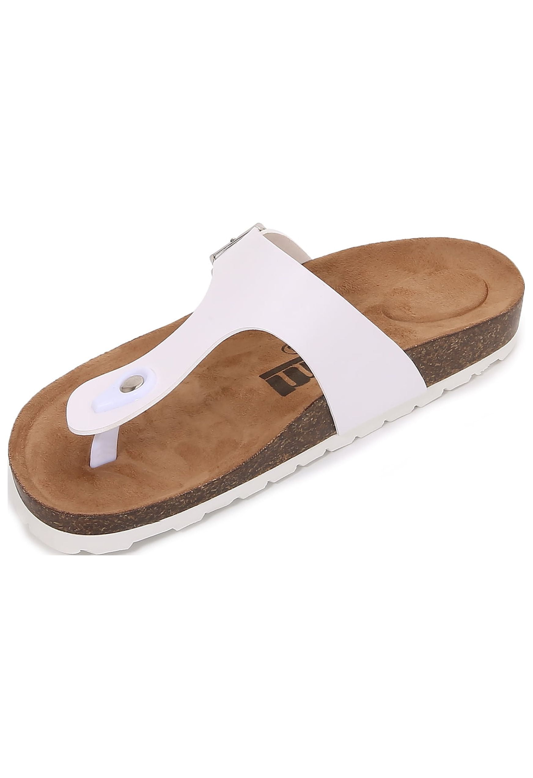 Women Soft Cork Footbed PU Leather Hook and Loop T Strap Flip Flops (PU White / 8 )