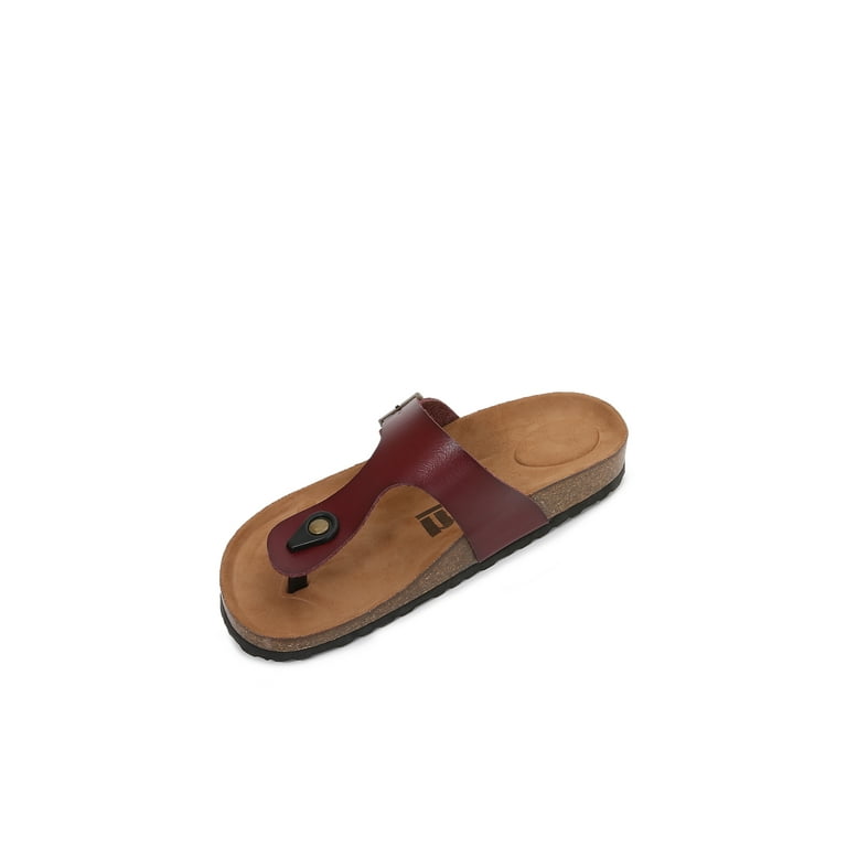 Women Soft Cork Footbed PU Leather Hook and Loop T Strap Flip Flops  (Premium PU Brown / 7 )