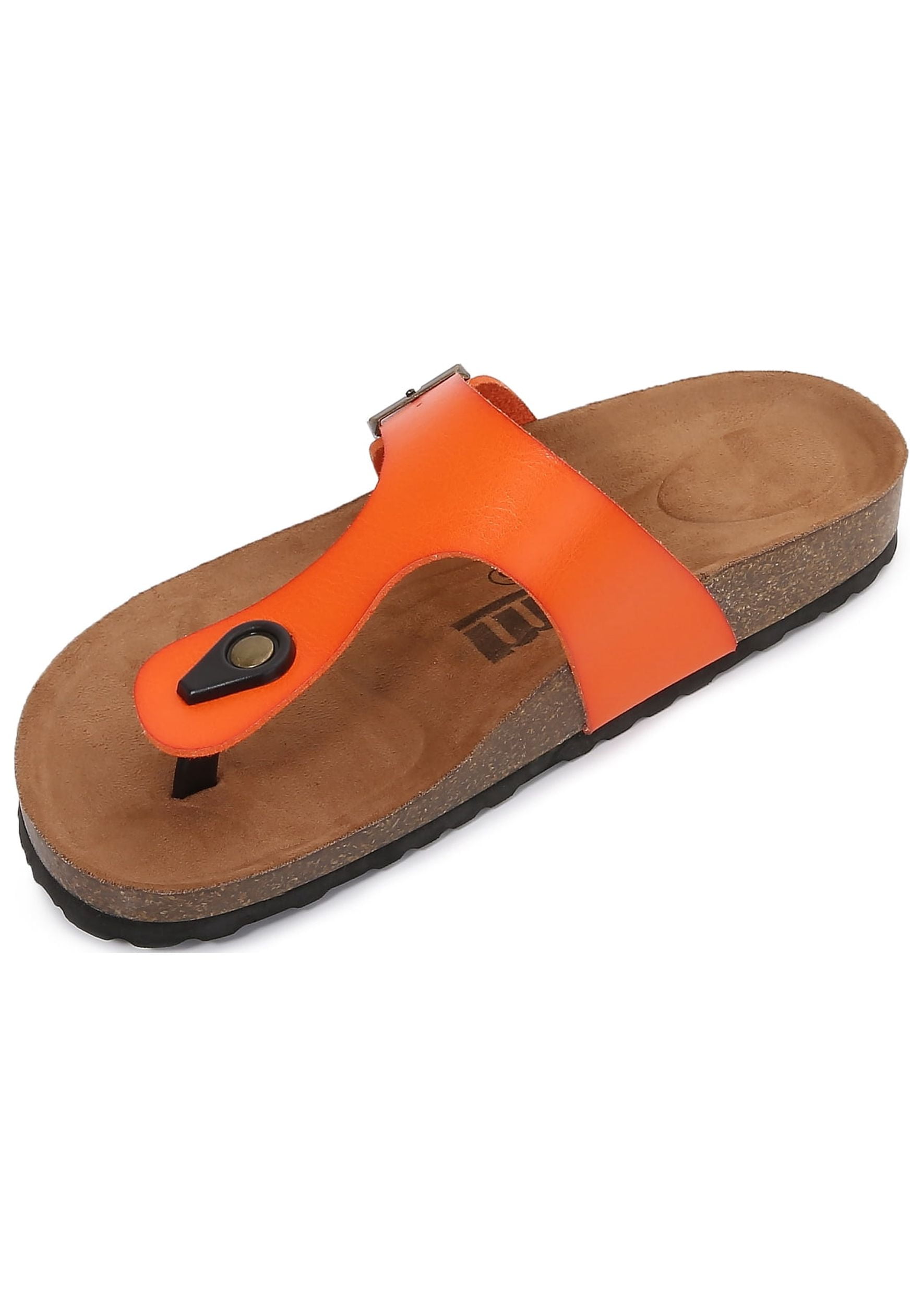 Women Soft Cork Footbed PU Leather Hook and Loop T Strap Flip Flops (Premium PU Orange / 8 )