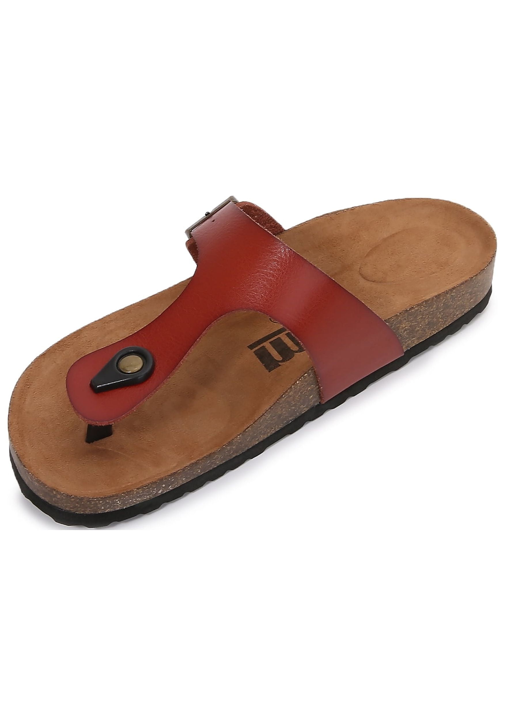 Women Soft Cork Footbed PU Leather Hook and Loop T Strap Flip Flops (Premium PU Red / 10 )