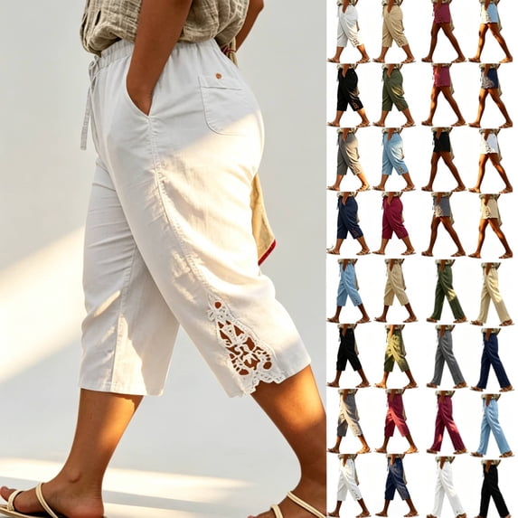 Plus Size Cotton Linen Capris for Women, Drawstring Elastic Waist with Side Pockets, Pull On Casual Summer Capris Pants| TruHer,Navy L